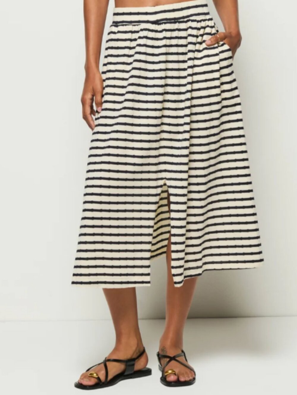 Nation LTD Vida Midi Skirt L Navy Night Sky Ivory Striped Pima Cotton